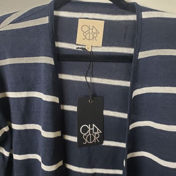 Chaser NWT Women's Blueish Grey White Striped Open Long Sleeve Cardigan Size Med - Picture 11 of 11